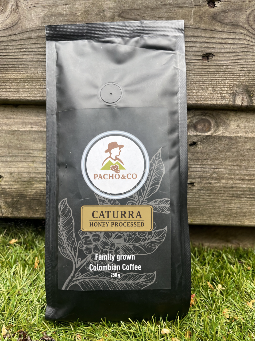 Pacho and Co Caturra Honey Processed 250g coffee pouch with gold label
